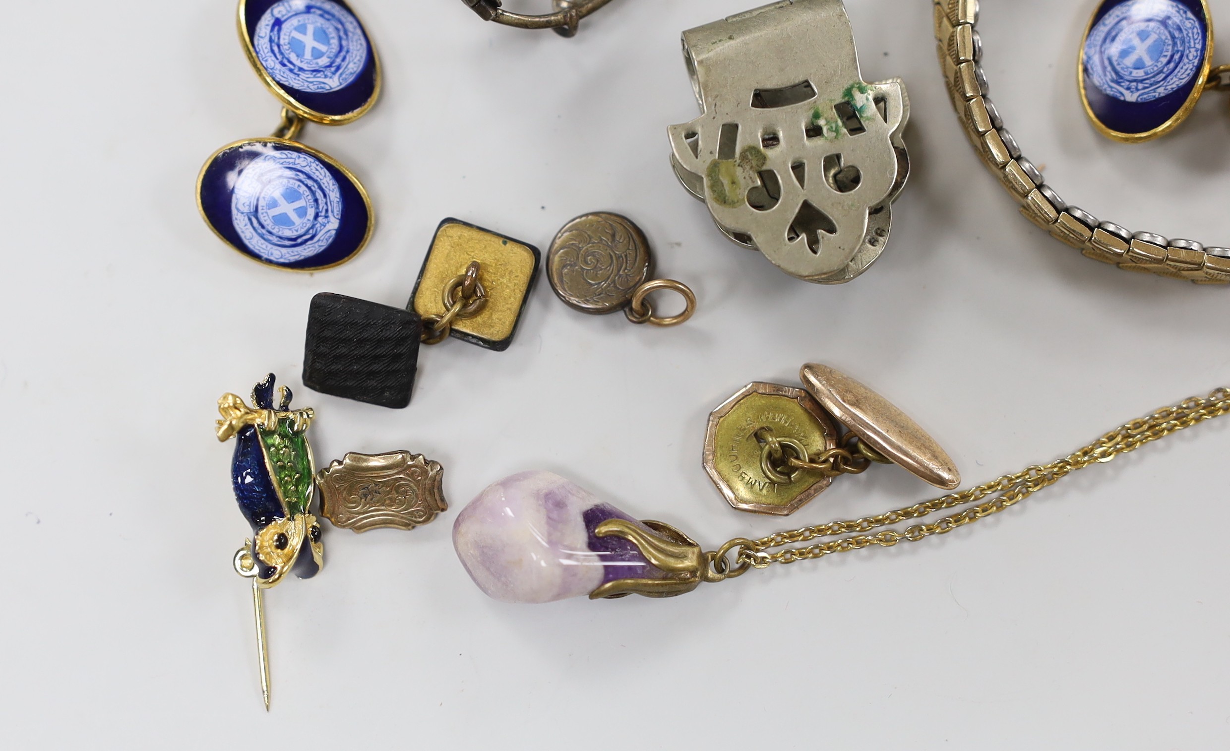 A pair of engraved 10ct oval cufflinks, 3.8 grams, two yellow metal and diamond chip set 'silhouette' charms and a quantity of sundry jewellery etc. including a lady's 9ct Buren wrist watch, Royal Scottish Automobile Clu